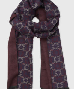 Burgundy and Navy Plain and Geometric Pattern Double Faced Scarf