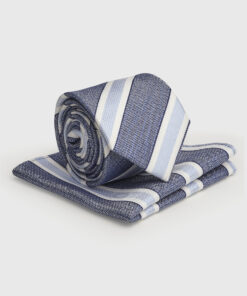 Blue Striped Silk Blend Tie and Hanky Set
