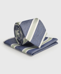 Blue and Apple Striped Silk Blend Tie and Hanky Set