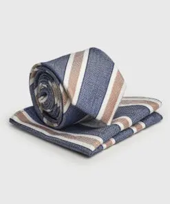 Blue and Merlot Striped Silk Blend Tie and Hanky Set