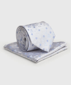 Sky Blue Floral Pure Silk Tie and Hanky Set
