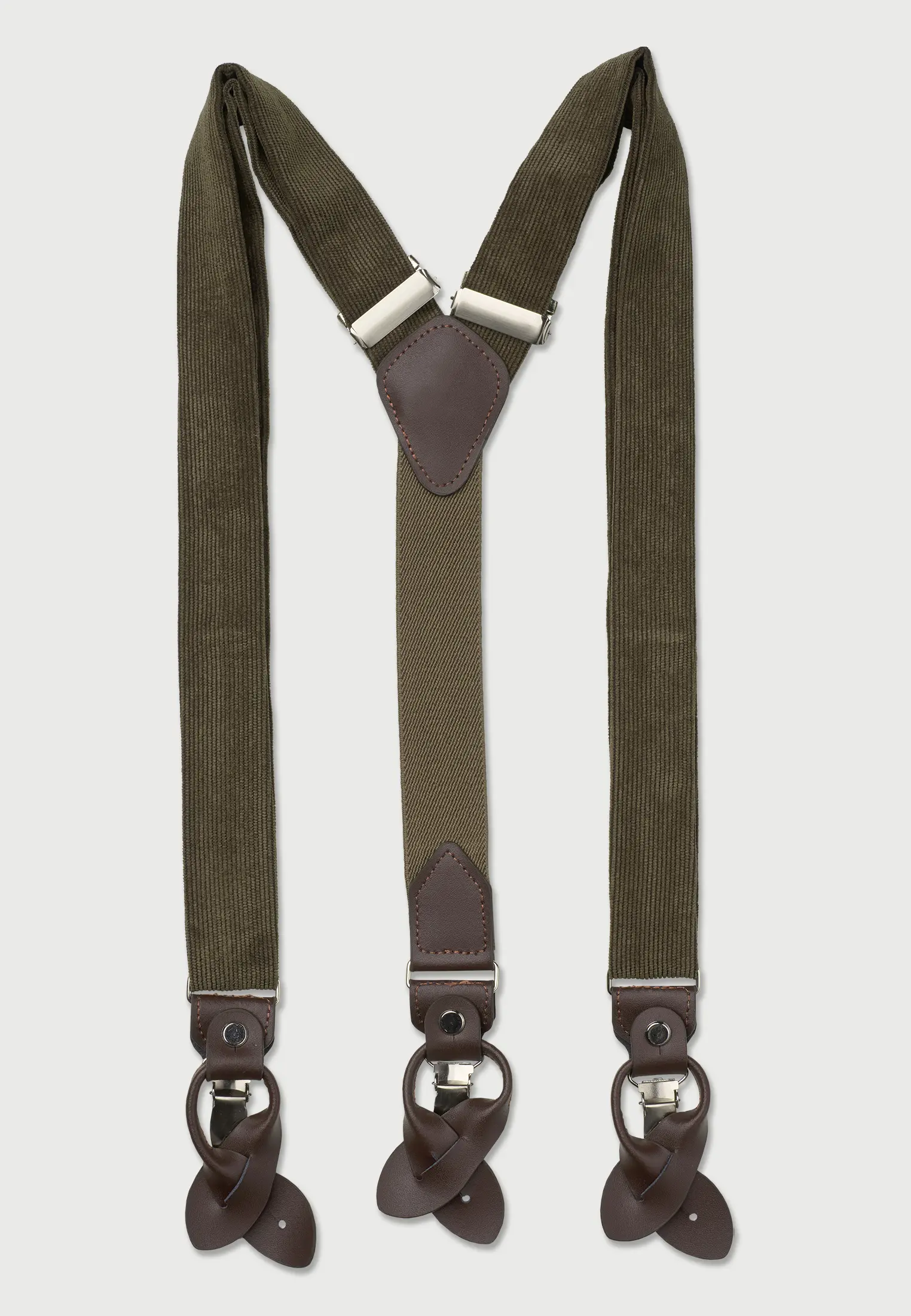 Khaki Corduroy Braces with Leather Trims - Image 2