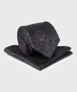 Blue Ornate Paisley Pure Silk Tie and Hanky Set