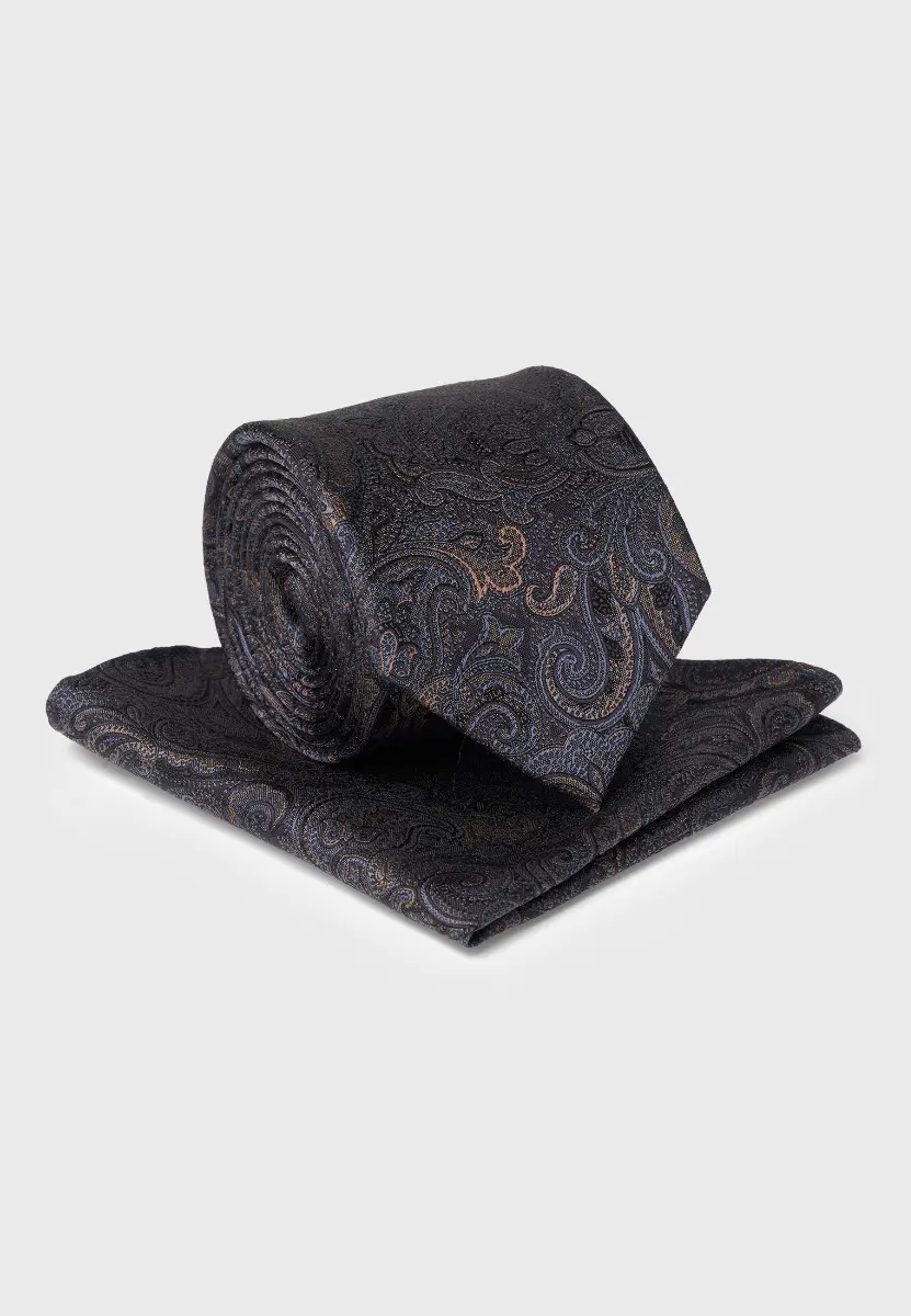 Blue Ornate Paisley Pure Silk Tie and Hanky Set