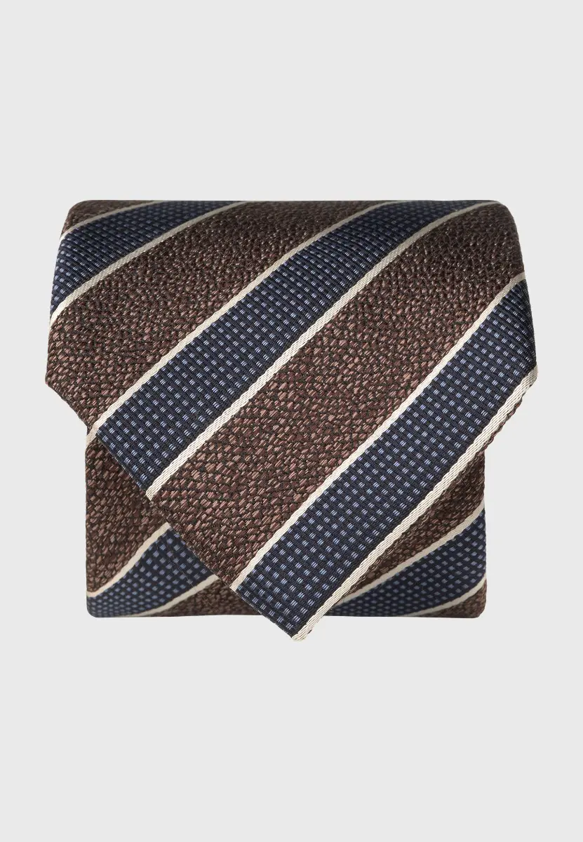 Brown Textured Stripe Pure Silk Tie
