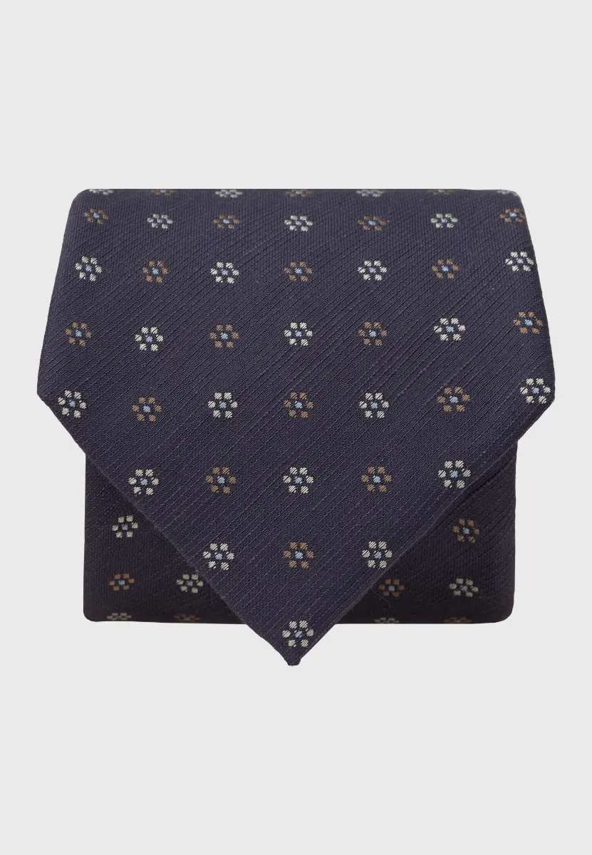 Navy Floral Geometric Silk & Linen Blend Tie