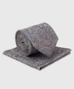 Silver Grey Paisley Silk Tie & Hanky Set