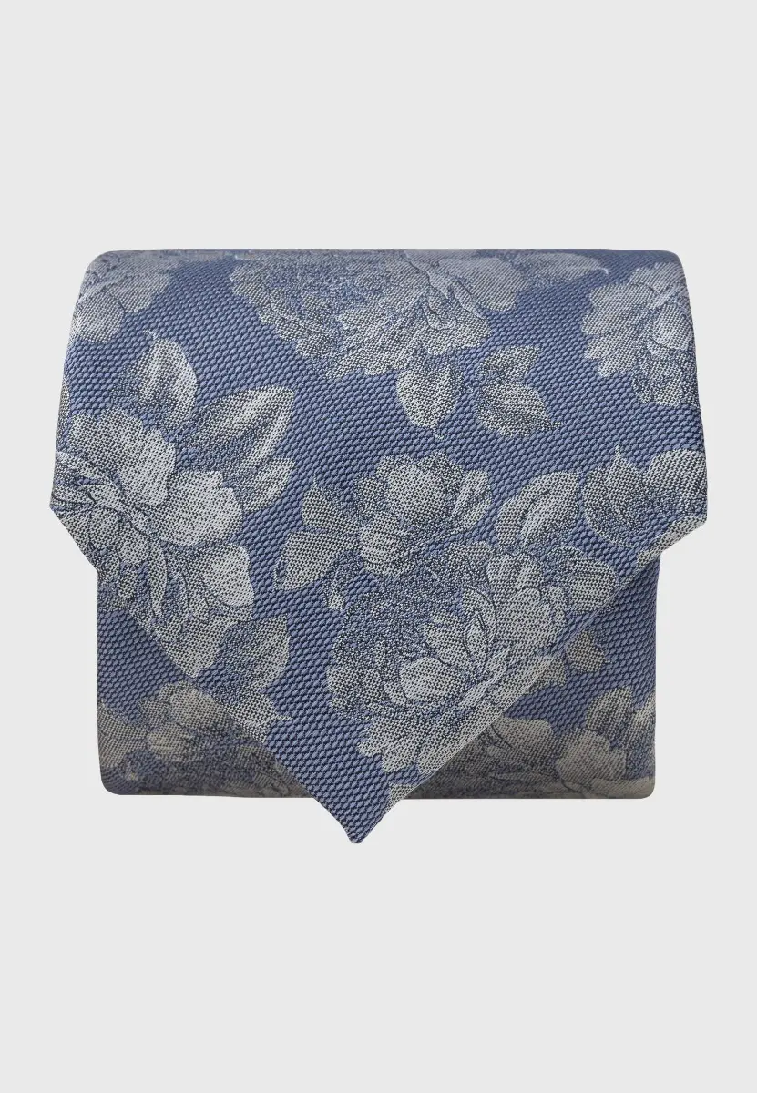 Blue Large Tonal Floral Silk Tie