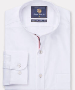 Regular Fit White Stretch Cotton Oxford Grandad Collar Shirt