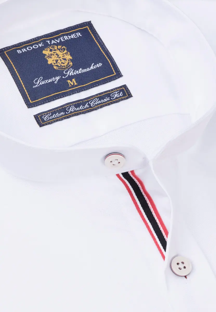 Tailored Fit White Stretch Cotton Oxford Grandad Collar Shirt - Image 2
