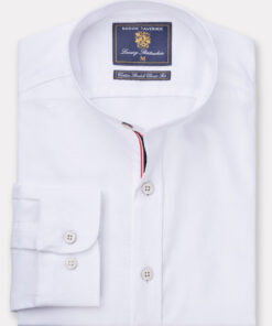Tailored Fit White Stretch Cotton Oxford Grandad Collar Shirt