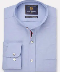 Regular Fit Blue Stretch Cotton Oxford Grandad Collar Shirt