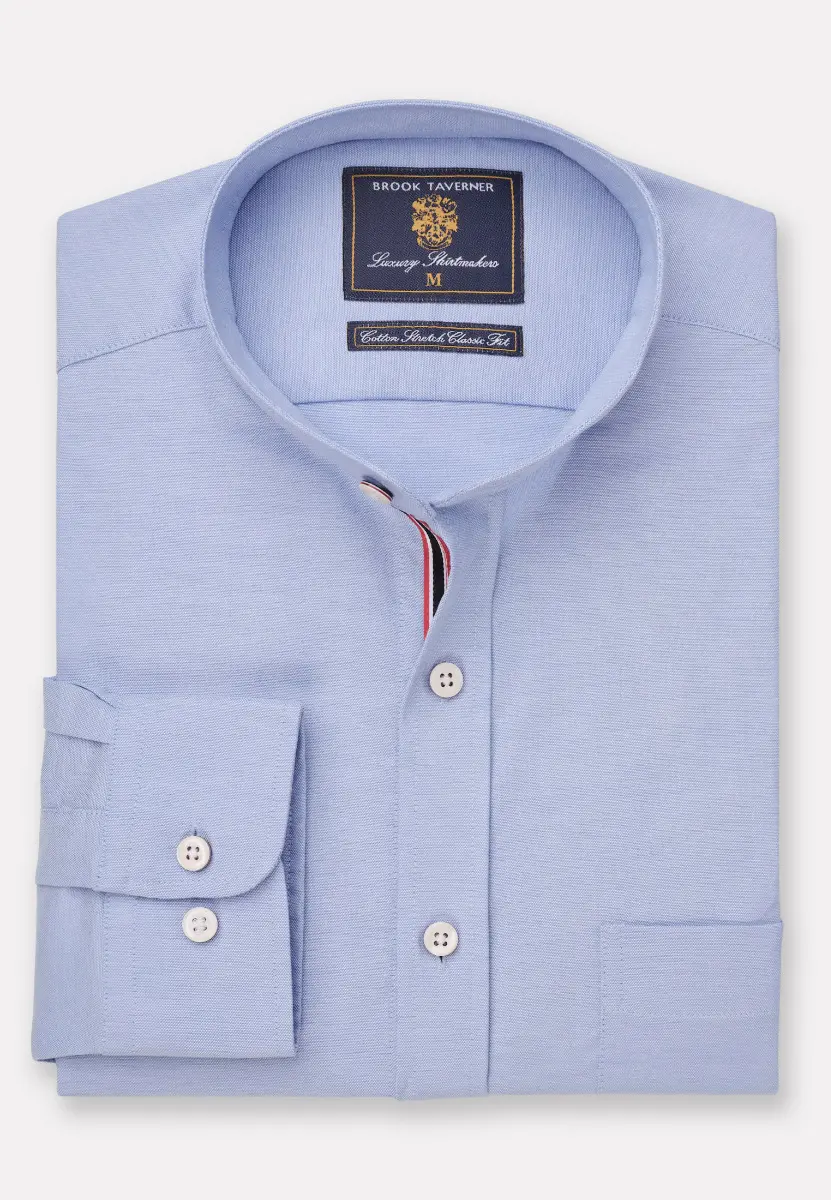 Regular Fit Blue Stretch Cotton Oxford Grandad Collar Shirt
