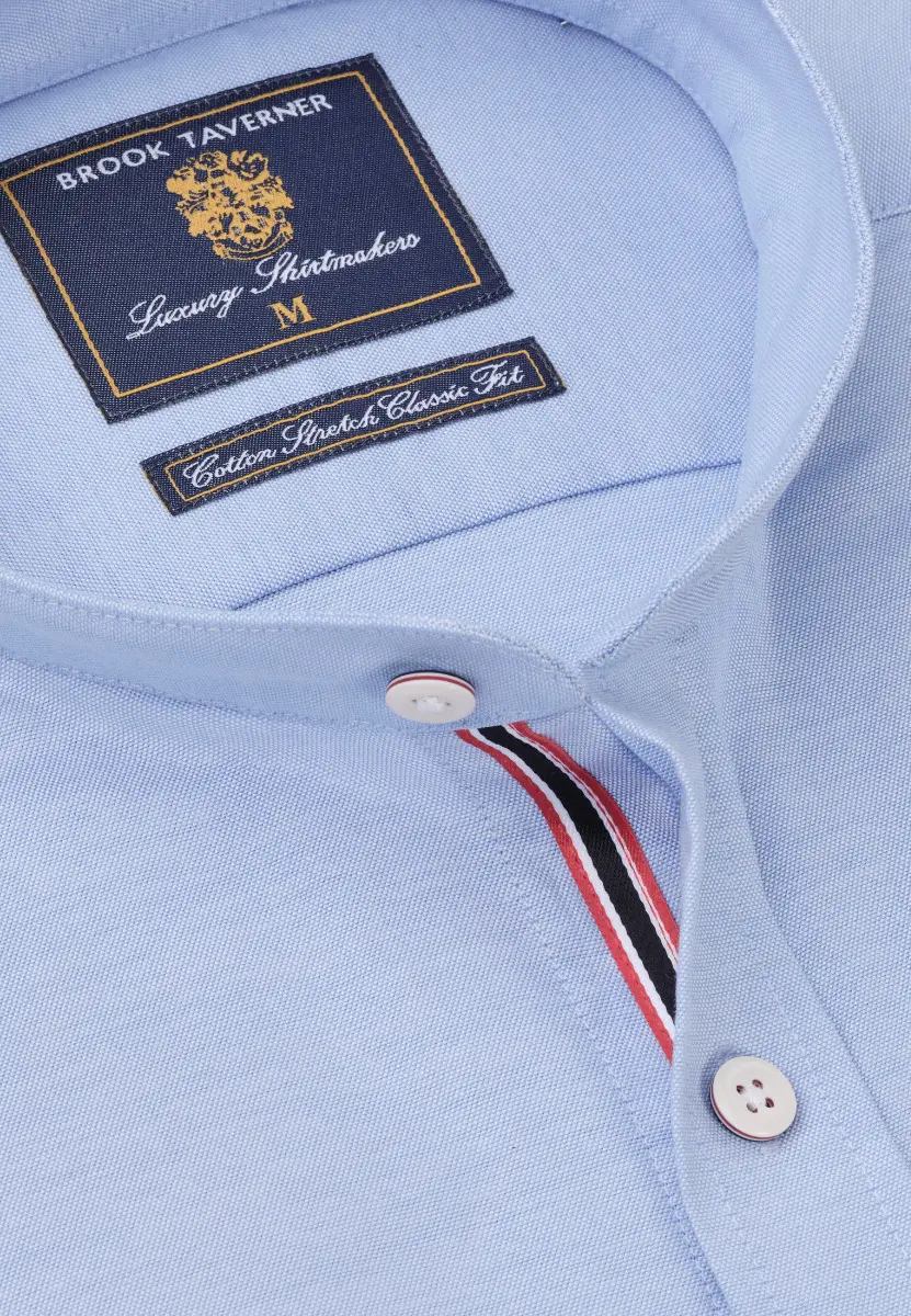Regular Fit Blue Stretch Cotton Oxford Grandad Collar Shirt - Image 2