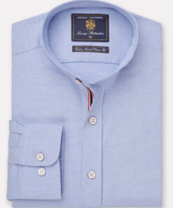 Tailored Fit Blue Stretch Cotton Oxford Grandad Collar Shirt