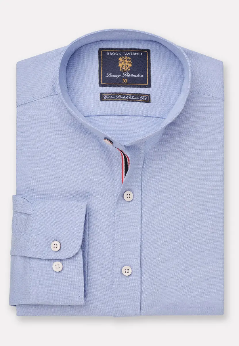 Tailored Fit Blue Stretch Cotton Oxford Grandad Collar Shirt