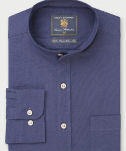 Regular Fit Dark Blue Stretch Cotton Oxford Grandad Collar Shirt