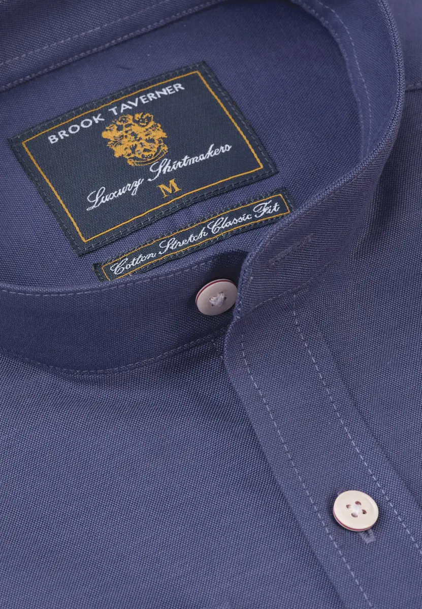 Regular Fit Dark Blue Stretch Cotton Oxford Grandad Collar Shirt - Image 2