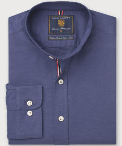 Tailored Fit Dark Blue Stretch Cotton Oxford Grandad Collar Shirt