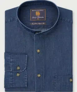 Regular Fit Navy Chambray Grandad Collar Cotton Shirt