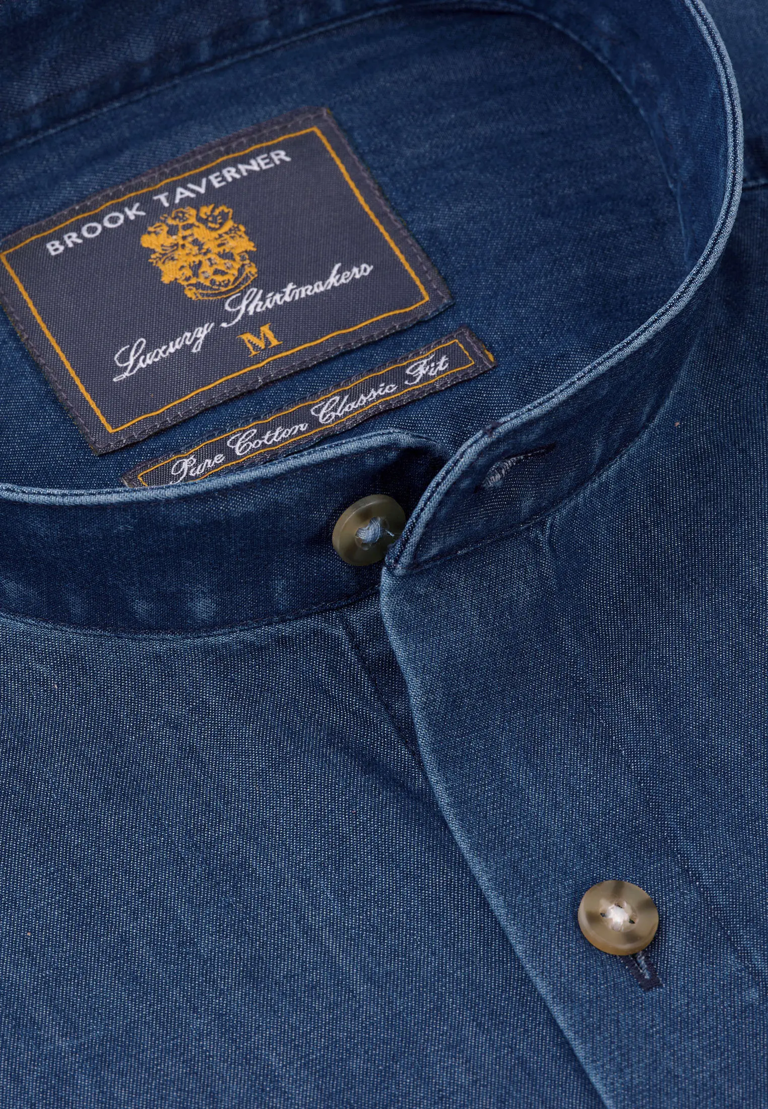 Regular Fit Navy Chambray Grandad Collar Cotton Shirt - Image 2