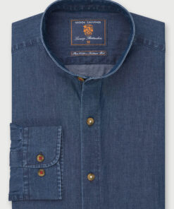 Tailored Fit Navy Chambray Grandad Collar Cotton Shirt
