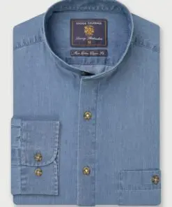 Regular Fit Light Blue Chambray Grandad Collar Cotton Shirt