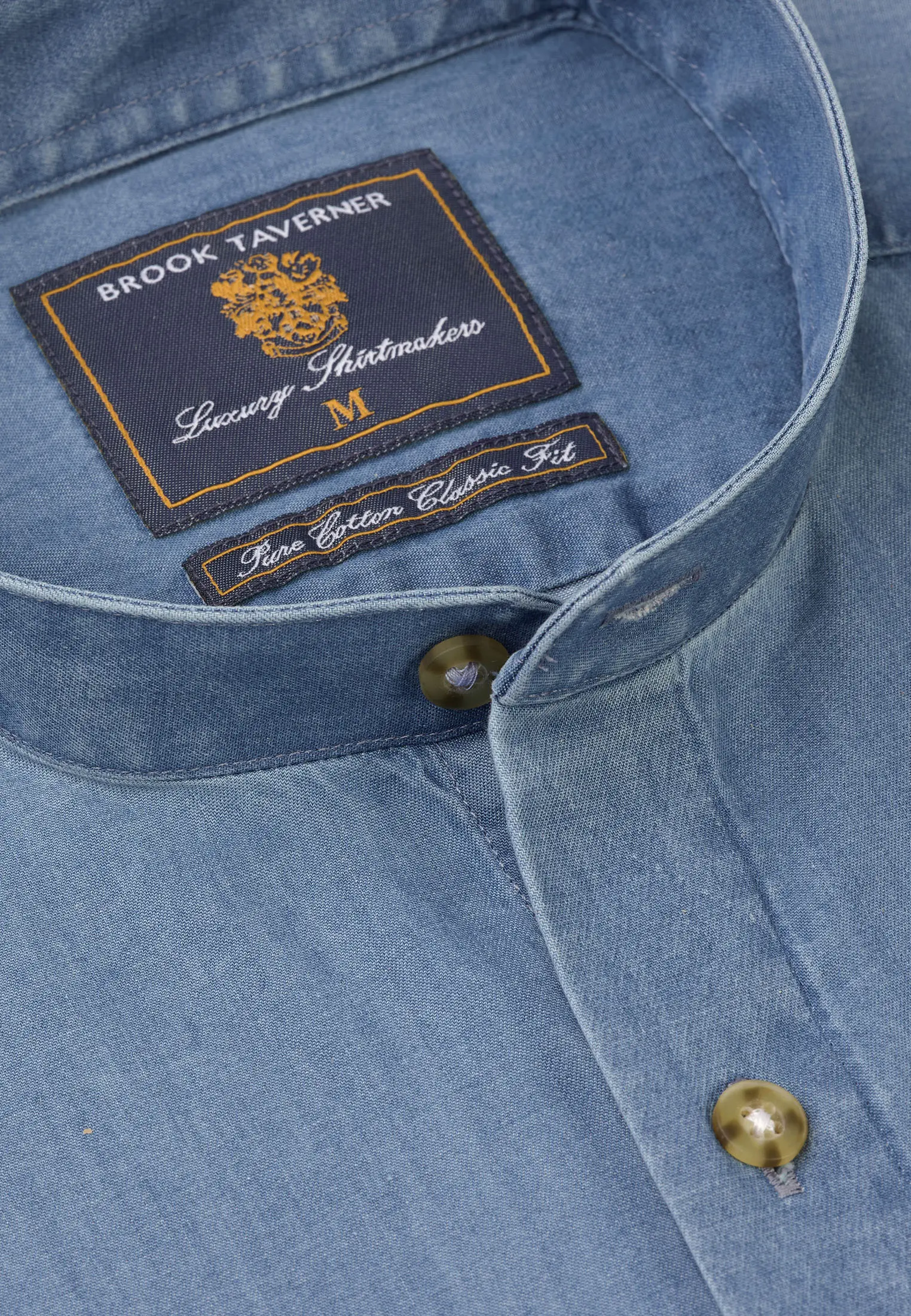Regular Fit Light Blue Chambray Grandad Collar Cotton Shirt - Image 2