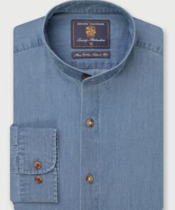 Tailored Fit Light Blue Chambray Grandad Collar Cotton Shirt