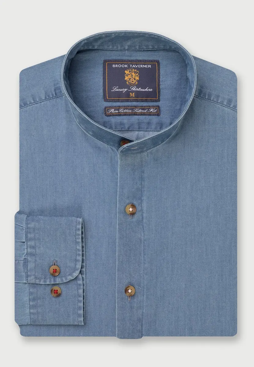 Tailored Fit Light Blue Chambray Grandad Collar Cotton Shirt