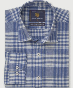 Tailored Fit Ecru and Blue Check Linen Cotton Shirt