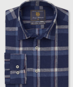 Tailored Fit Ecru and Blue Check Linen Cotton Shirt