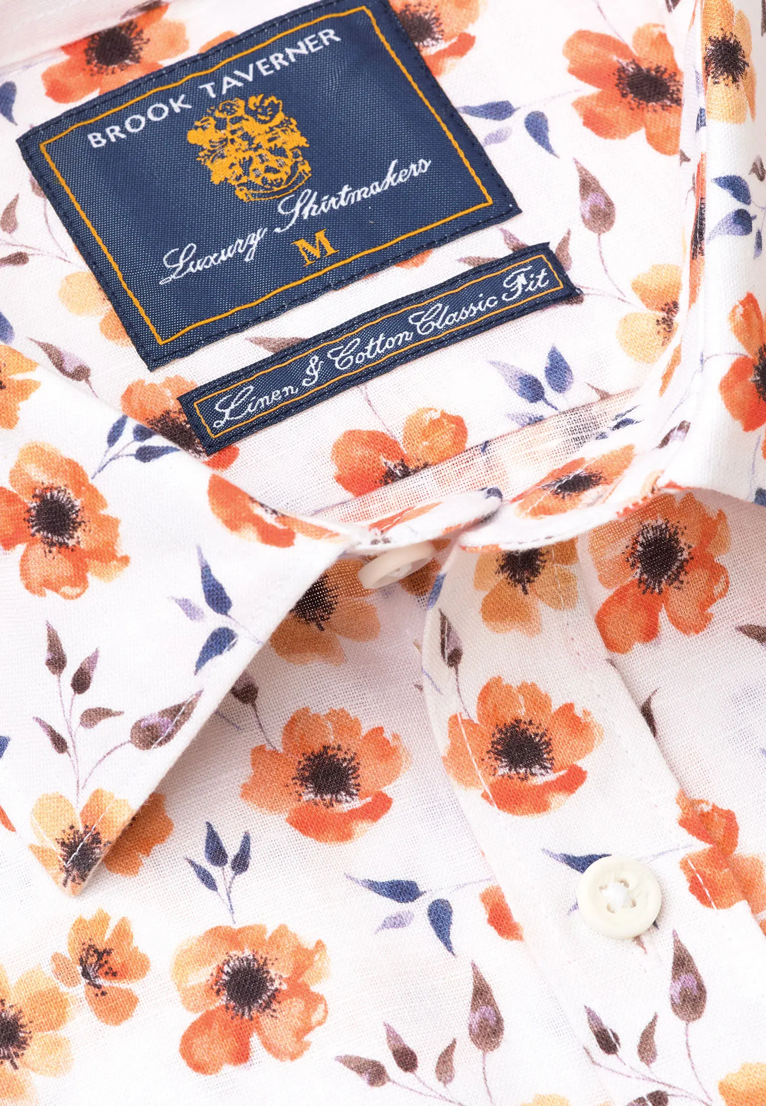 Tailored Fit Orange Flower Print Linen Cotton Shirt - Image 2