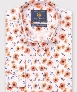Tailored Fit Orange Flower Print Linen Cotton Shirt