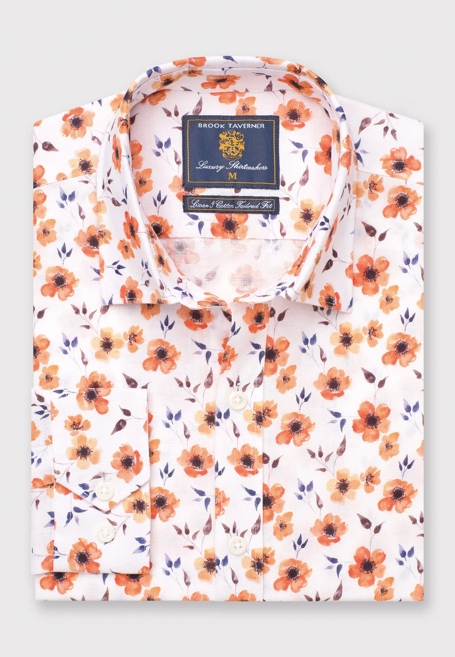 Tailored Fit Orange Flower Print Linen Cotton Shirt