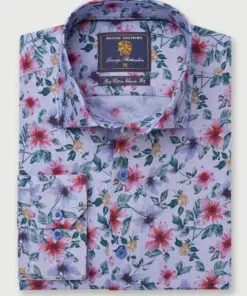 Regular Fit Ice Blue Floral Print Cotton Shirt