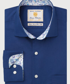 Regular Fit Navy Herringbone Cotton Stretch Shirt