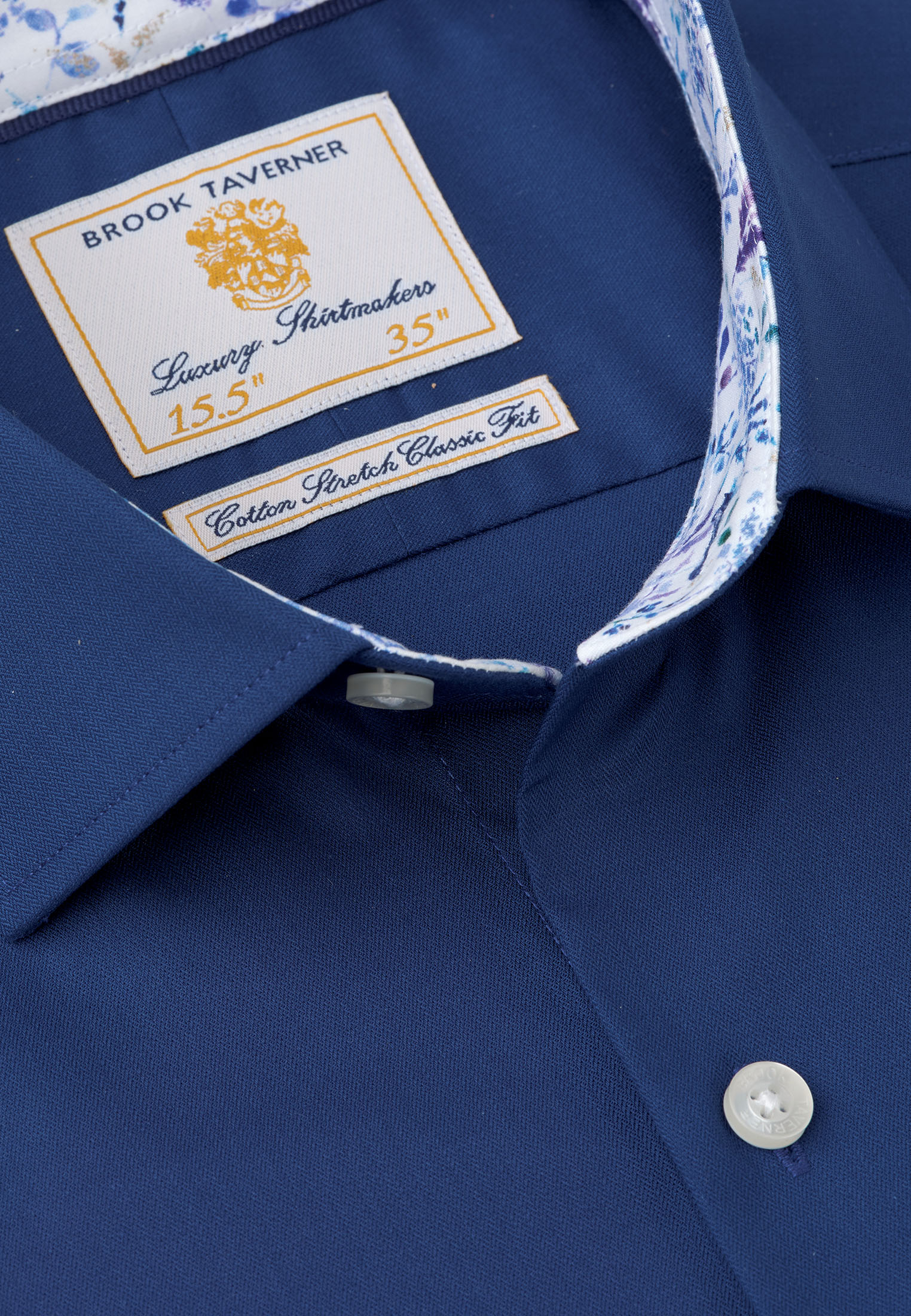 Tailored Fit Navy Herringbone Cotton Stretch Shirt - Image 2