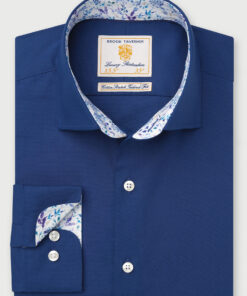 Tailored Fit Navy Herringbone Cotton Stretch Shirt