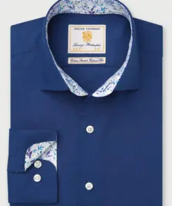Tailored Fit Navy Herringbone Cotton Stretch Shirt
