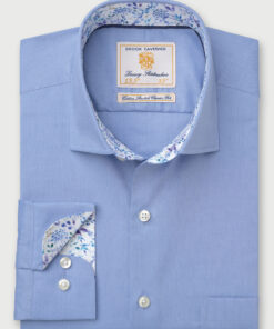 Regular Fit Mid Blue Herringbone Cotton Stretch Shirt