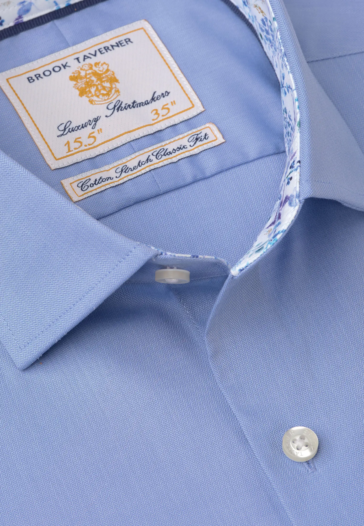 Tailored Fit Mid Blue Herringbone Cotton Stretch Shirt - Image 2