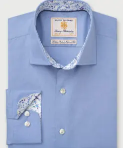Tailored Fit Mid Blue Herringbone Cotton Stretch Shirt