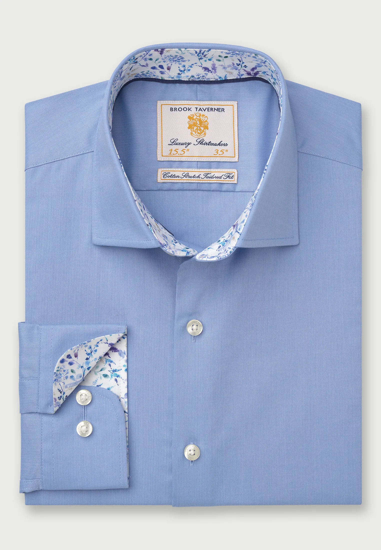 Tailored Fit Mid Blue Herringbone Cotton Stretch Shirt