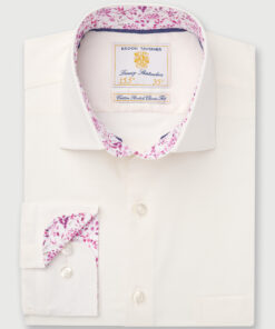 Tailored Fit Ivory Herringbone Cotton Stretch Shirt