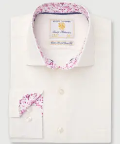 Tailored Fit Ivory Herringbone Cotton Stretch Shirt