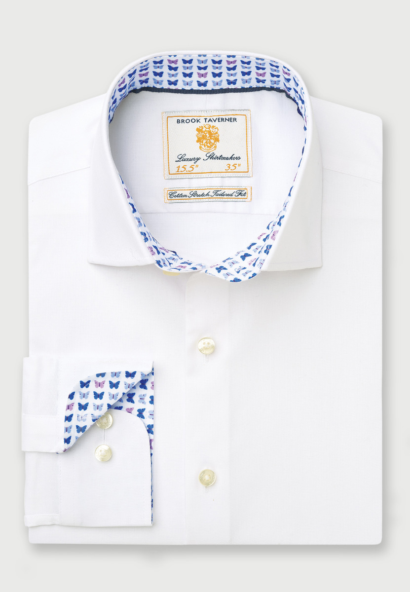 Tailored Fit White Herringbone Cotton Stretch Shirt