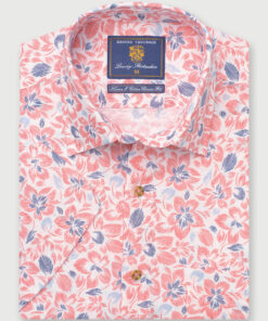 Regular Fit Rose Floral Print Linen Cotton Short Sleeve Shirt