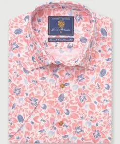 Regular Fit Rose Floral Print Linen Cotton Short Sleeve Shirt