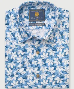 Regular Fit Blue Floral Print Linen Cotton Short Sleeve Shirt